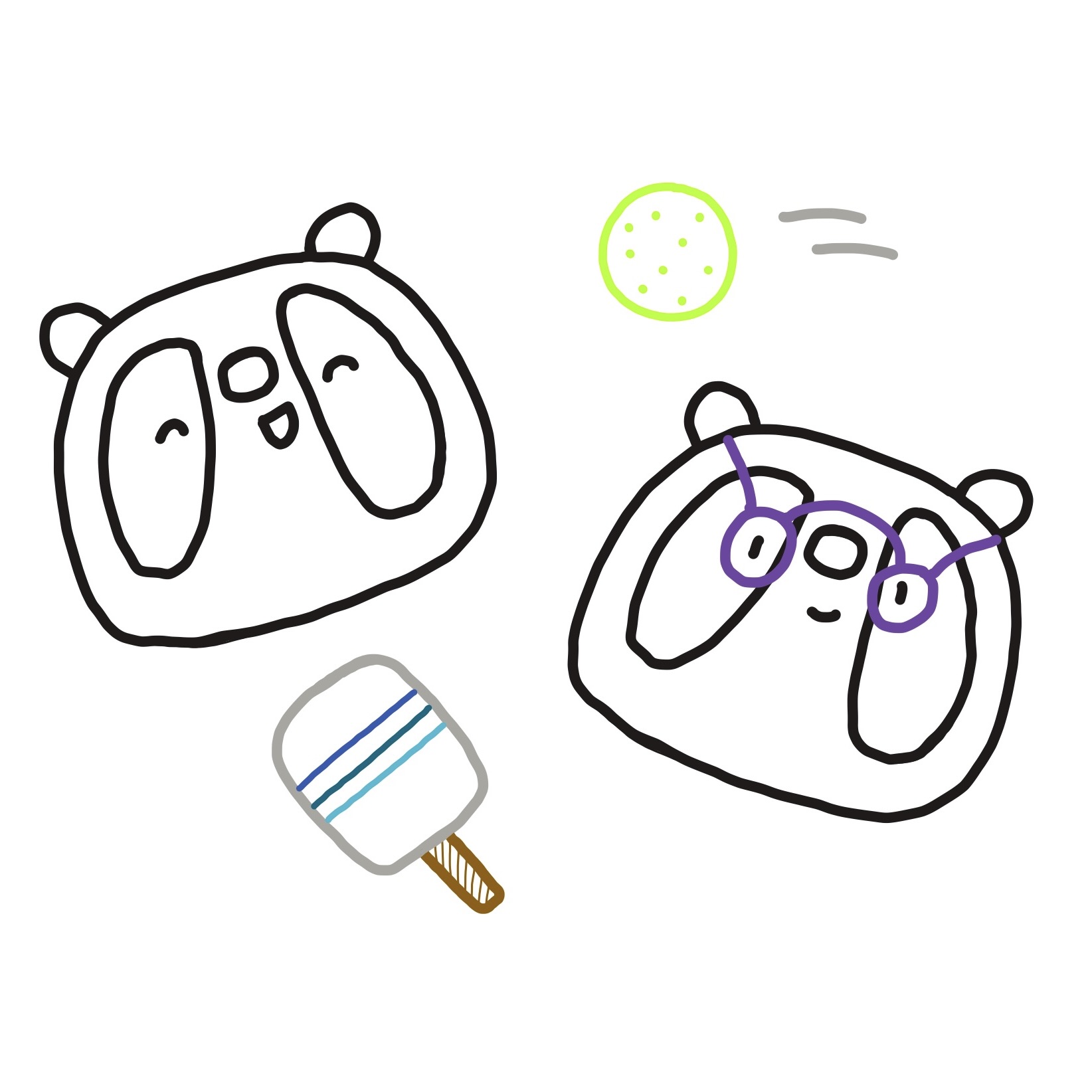 Two pandas, one in purple glasses, with a pickleball and paddle.