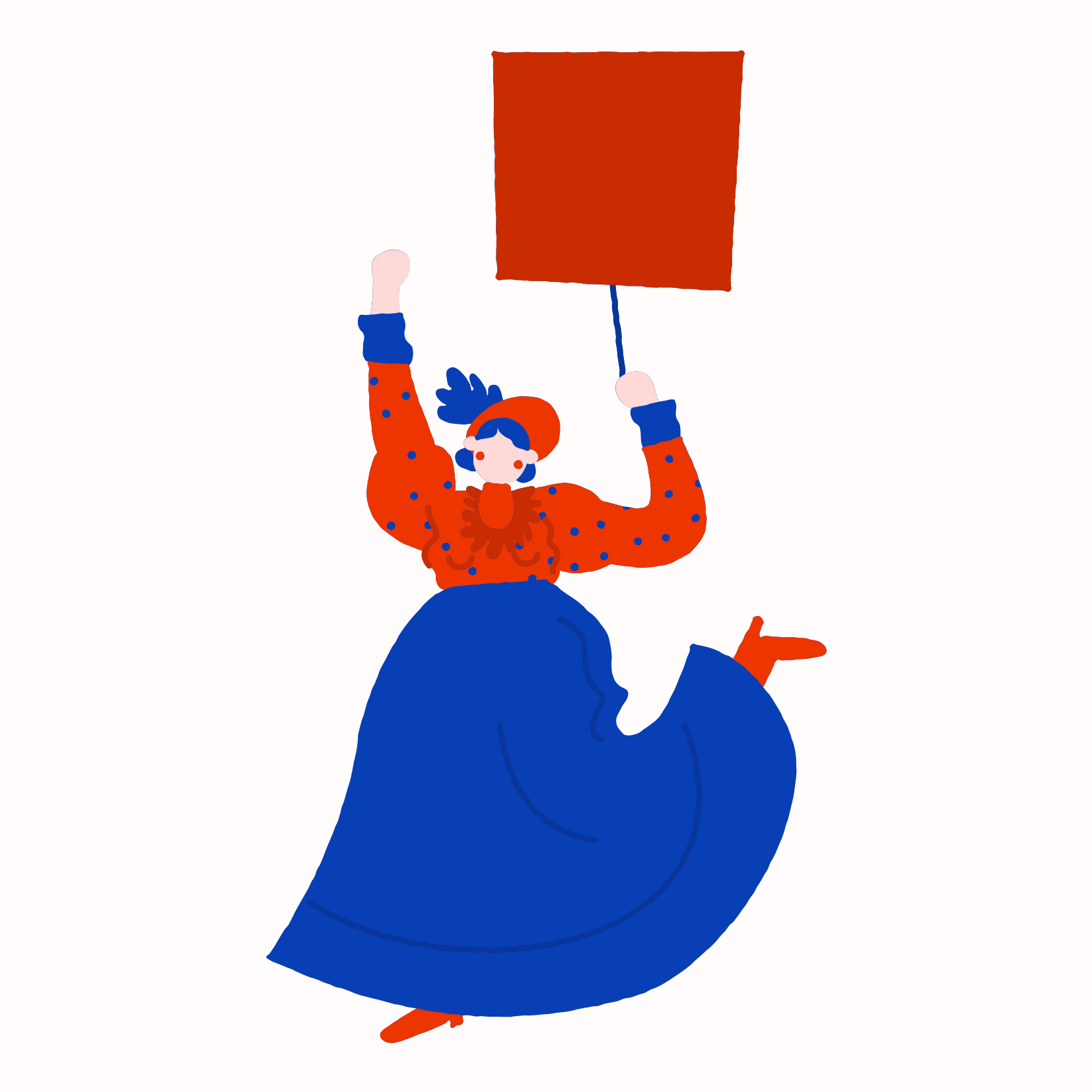 A suffragette in a blue, pink, and red dress with a protest sign.