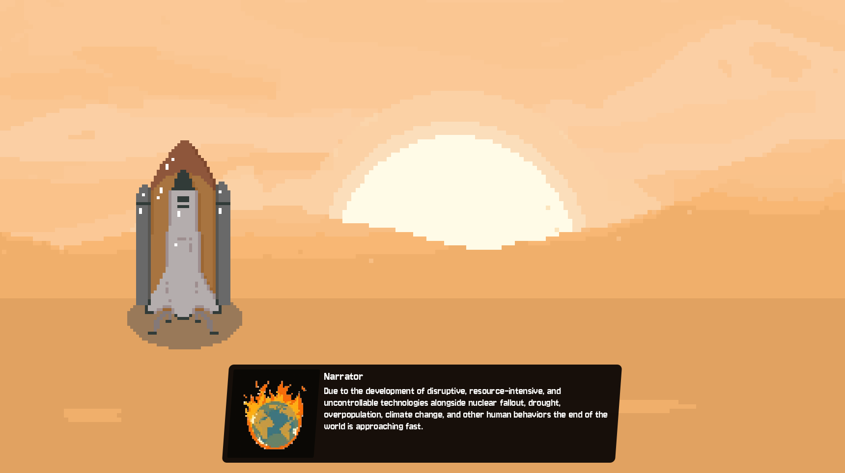 A screenshot of a pixel art desert scene with a rocket and dialogue box.