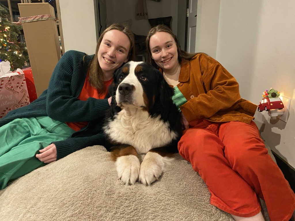 Two girls sitting with a big dog on a bean bag.