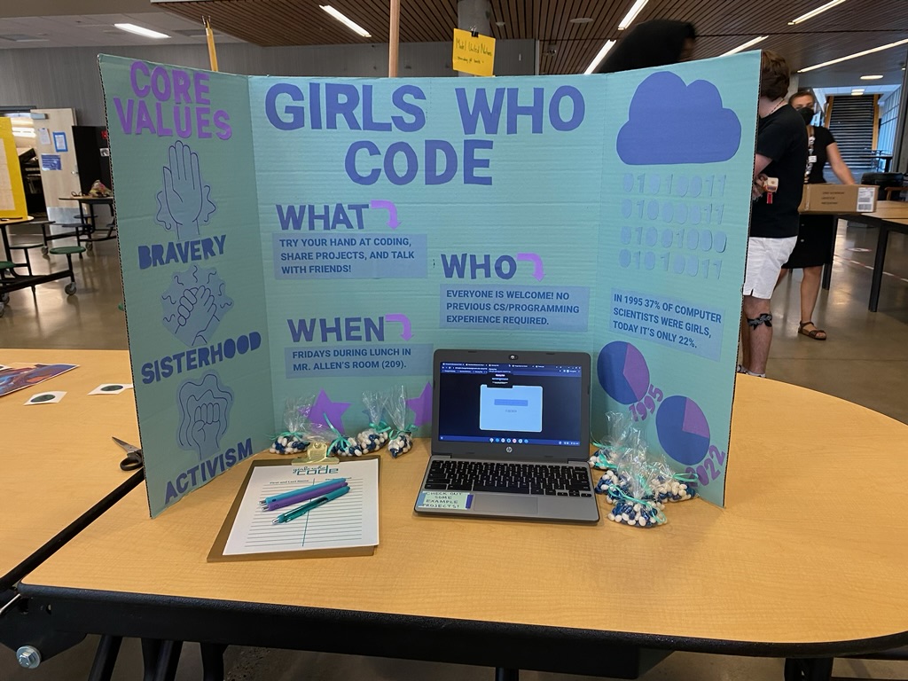 A teal, blue, and purple trifold board on a table with blue candy, a clipboard, and a computer.