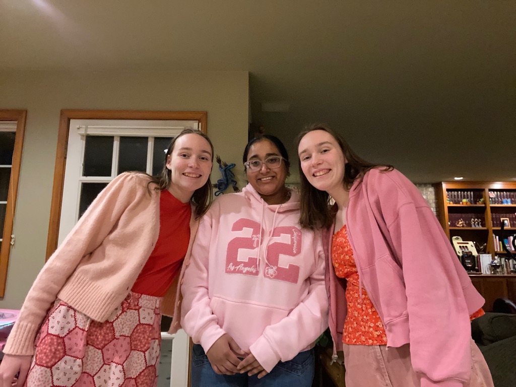 Three girls dressed in pink and red standing inside a home.