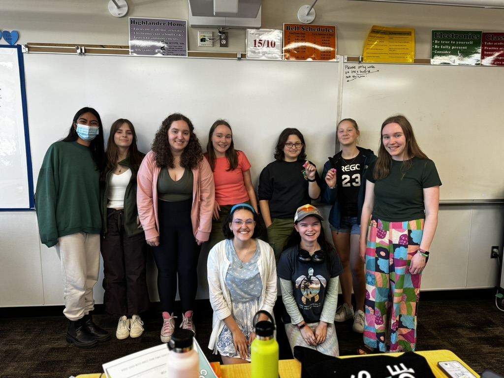 Nine girls standing in front of a whiteboard in a classroom.
