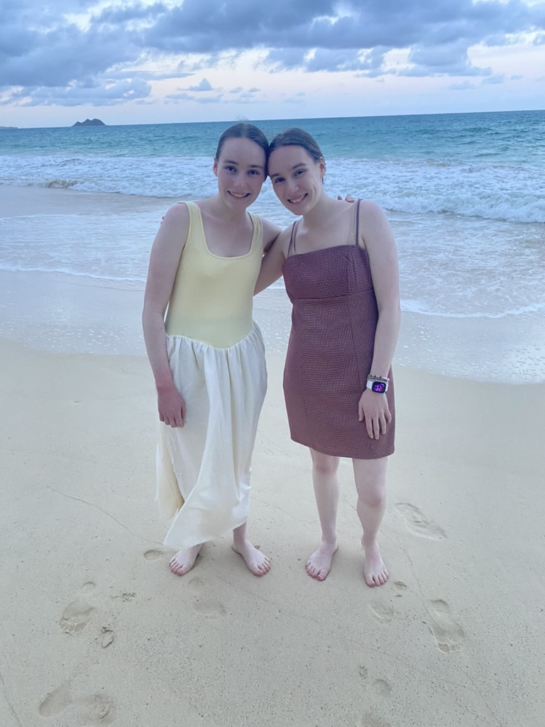 Two girls in dresses standing on a sandy beach with a pink, cloudy sky.