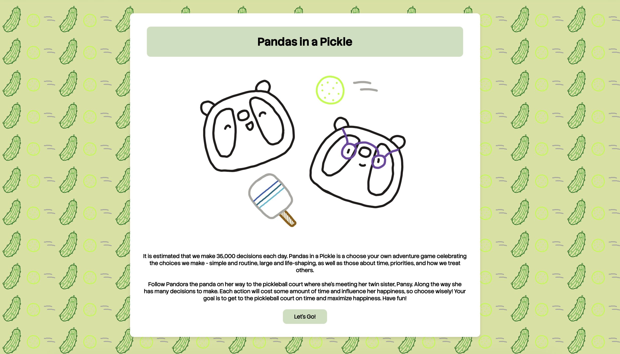 A website with a green pickle background, two pandas, and some text.