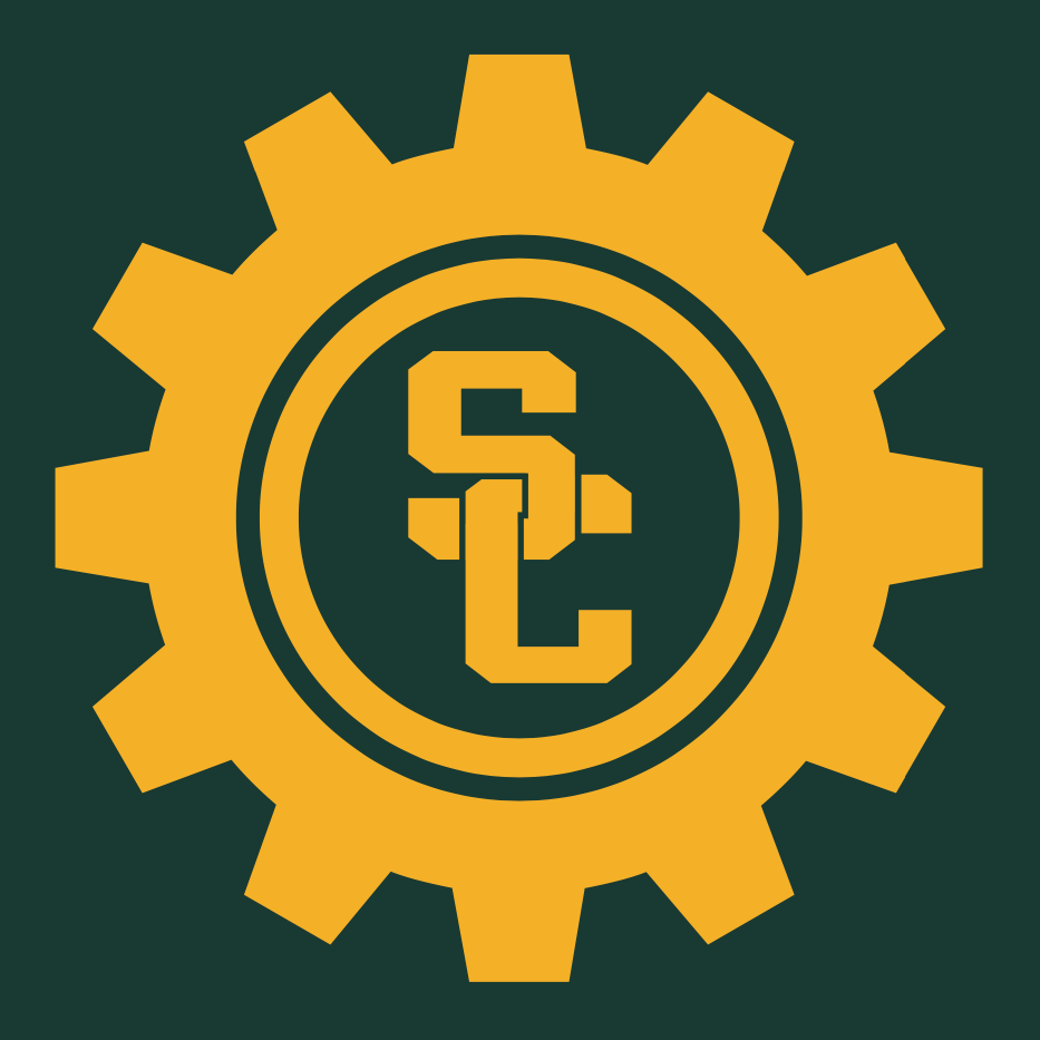A green and gold gear logo with the letters SC.