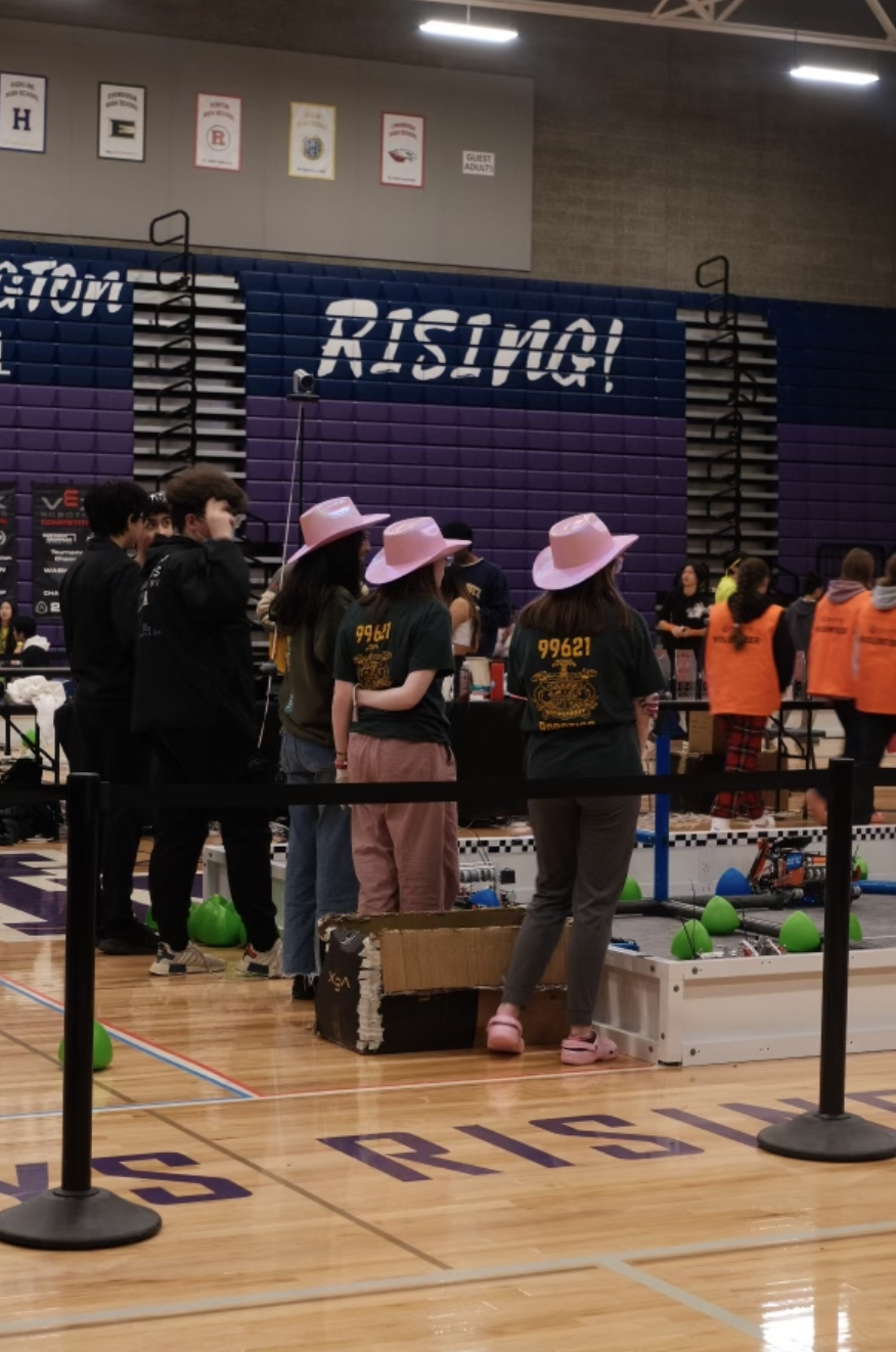 Three girls in pink cowboy hats with their backs turned looking down at a field of robots.