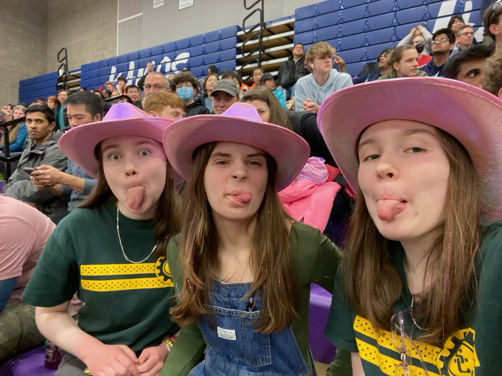 Three girls in pink cowboy hats sitting in gymnasium bleachers sticking thier tongues out.